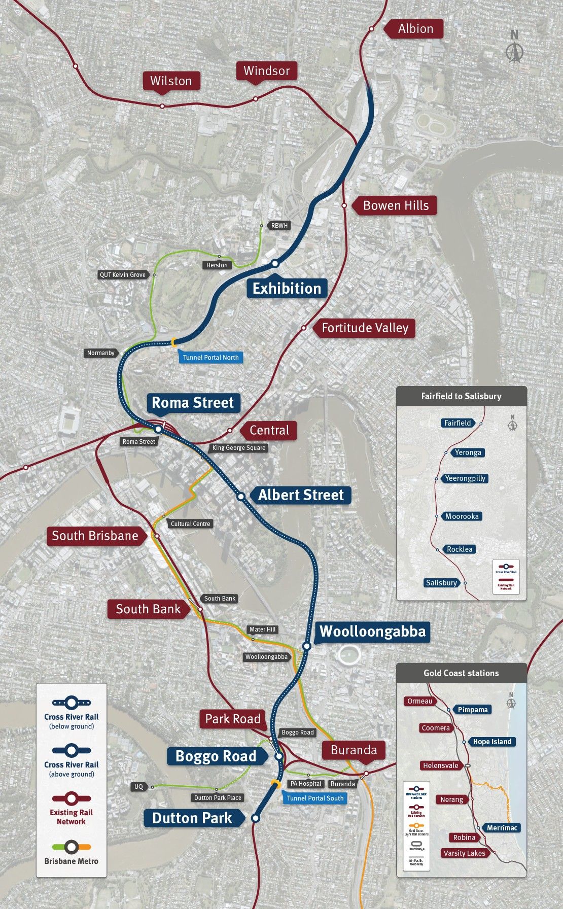 Aerial view of the planned Cross River Rail 10.2 kilometre line and new stations.